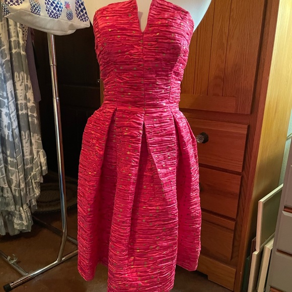 Vintage Expo Nite Small Hot Pink & Gold Polka Dot Strapless Occasion Dress - Picture 2 of 6